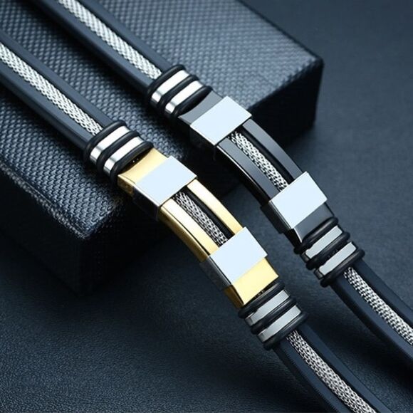 💎OS4💎 Gorgeous Black Silicone Stainless Steel Mens Unisex Bracelet - Picture 6 of 16